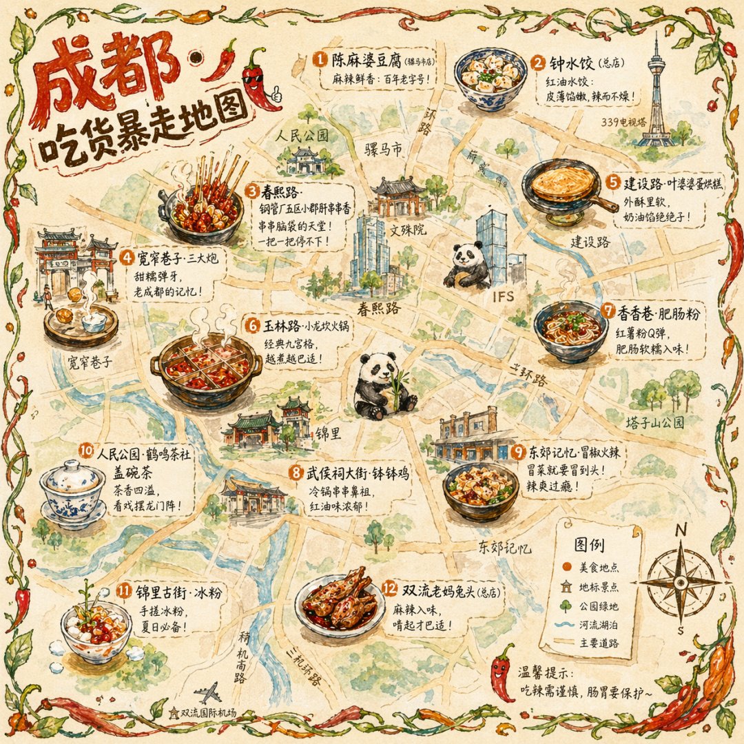成都美食地图卡片样图:成都经典小吃路线