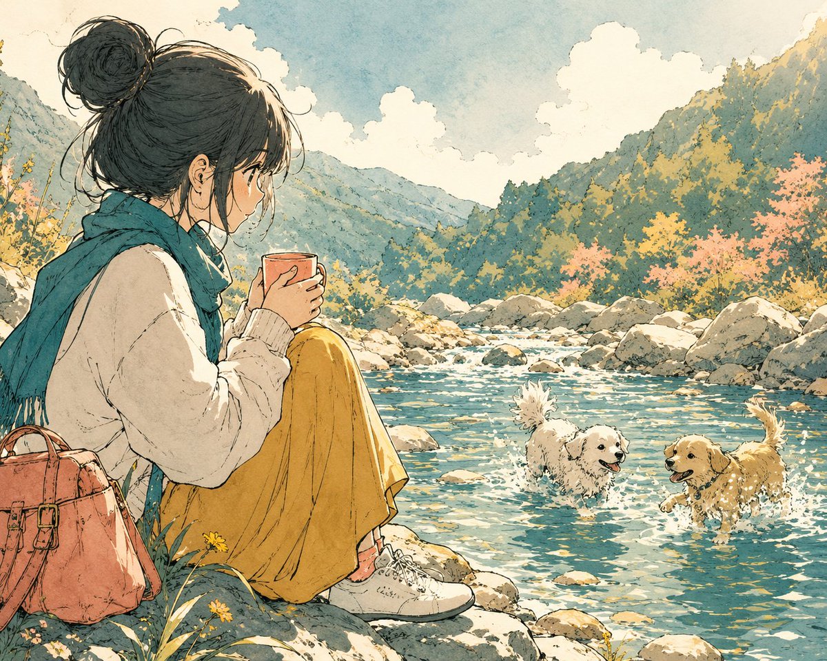 溪边独处治愈插画样图:山谷溪边放空时刻
