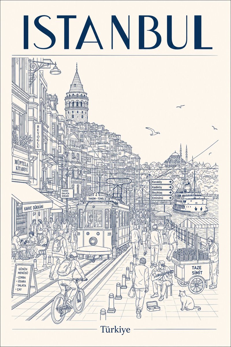 伊斯坦布尔旅行插画海报样图:伊斯坦布尔城市漫游