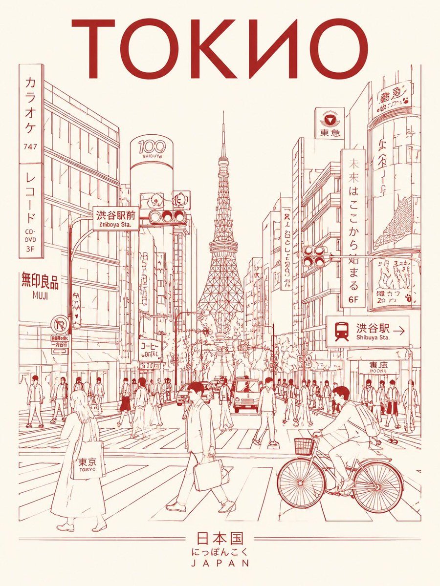 东京旅行线稿海报样图:东京街区散步路线